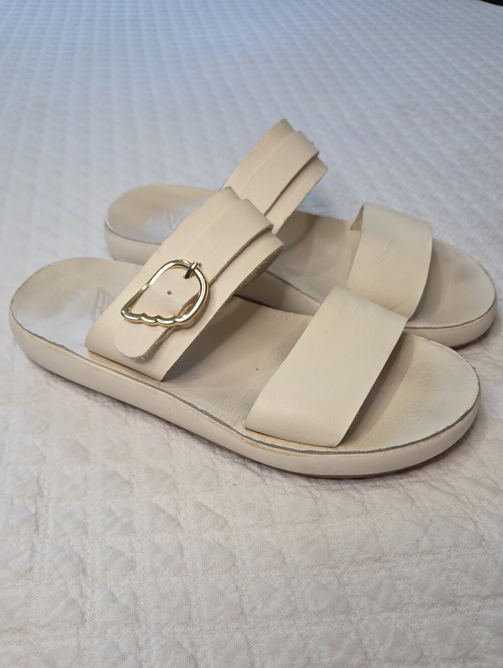 Ancient Greek Sandals Preveza Size 37 EU 7 US White Leather Gold Wing Buckle